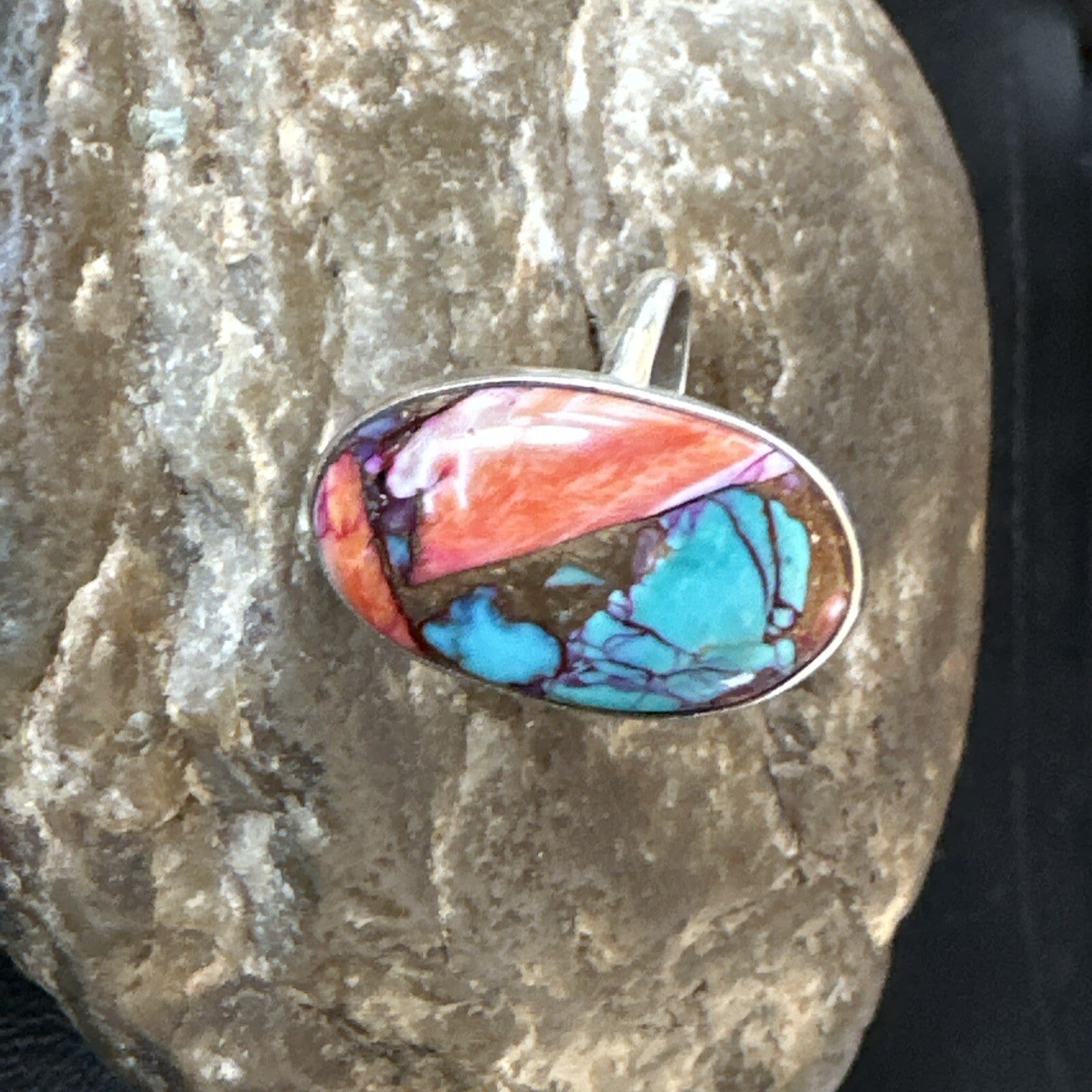 Blue Turquoise Spiny Oyster Southwestern Sterling Silver Ring Size 11 18457