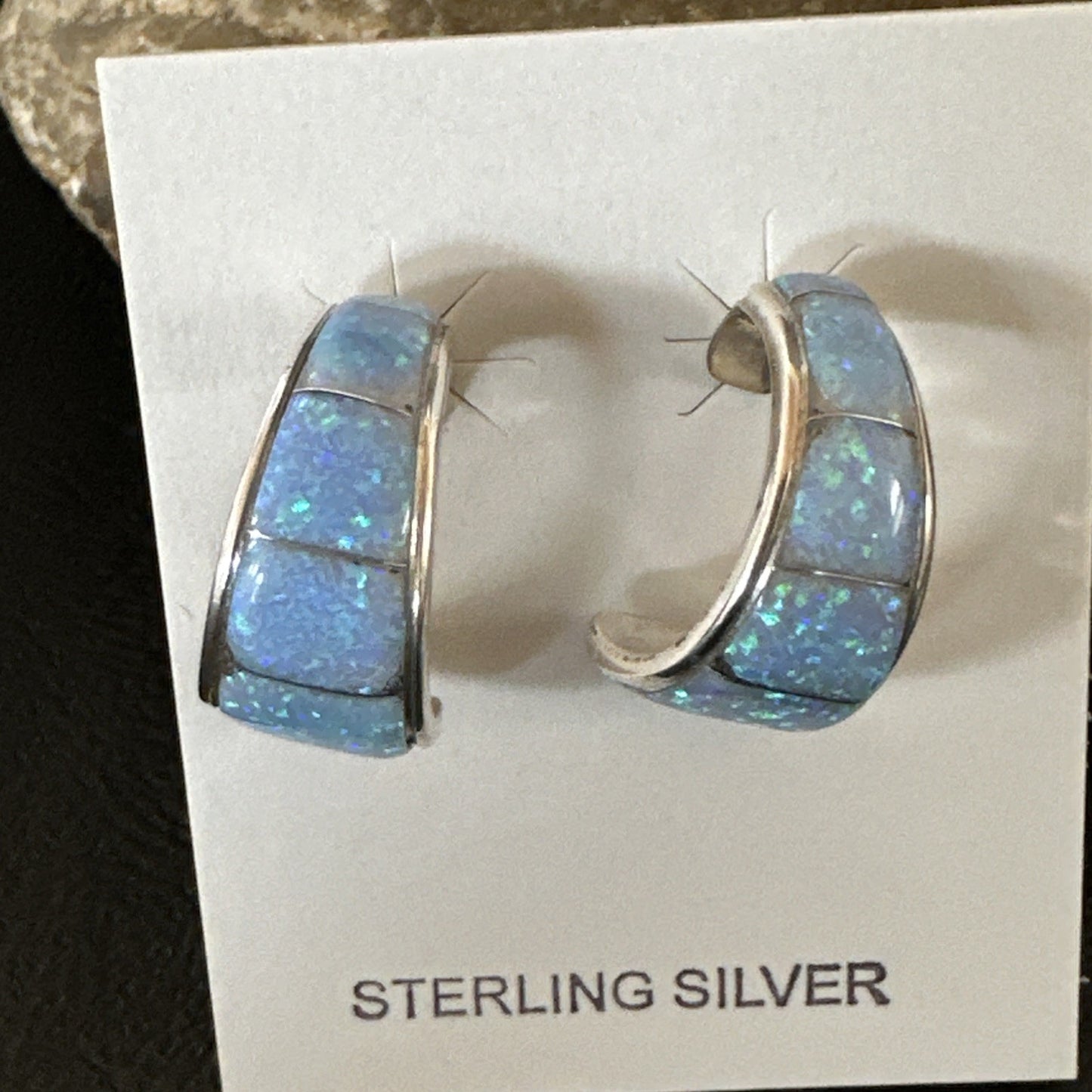 Blue Faux Opal Stud Inlay Navajo Sterling Silver Earrings 19261