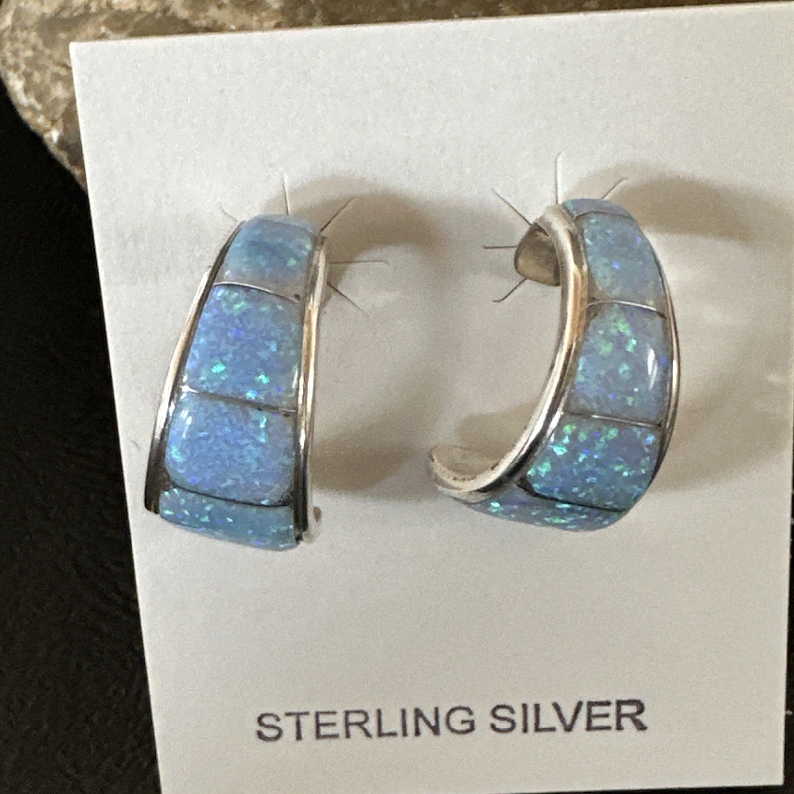 Blue Faux Opal Stud Inlay Navajo Sterling Silver Earrings 19261