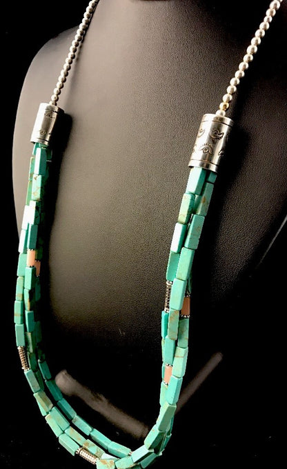 Navajo 3S Stabilized Blue Turquoise Pink Opal Bead Sterling Silver Necklace1201