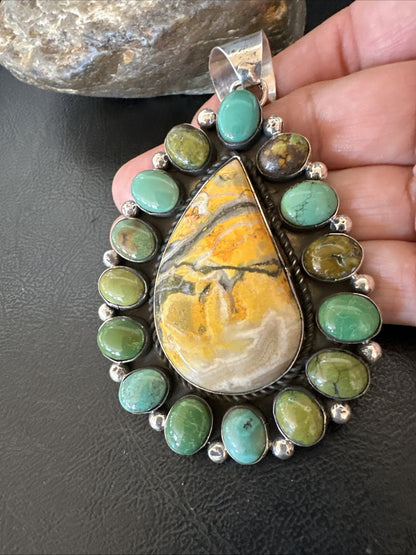Navajo Bumblebee Jasper Green Turquoise Sterling Silver Necklace Pendant 19441