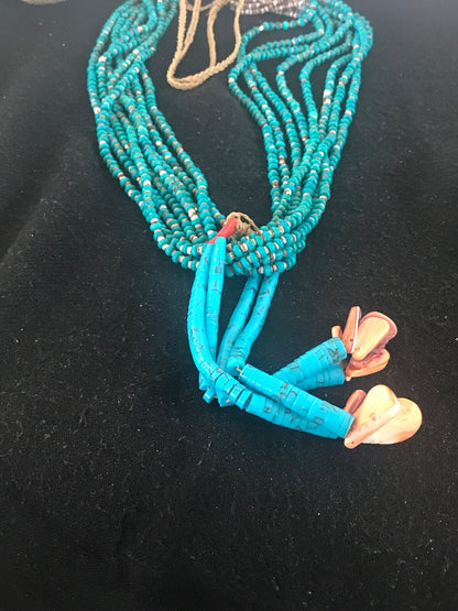 Mens Turquoise Bead 9 Strands Navajo Pearls Sterling Silver Necklace 08451