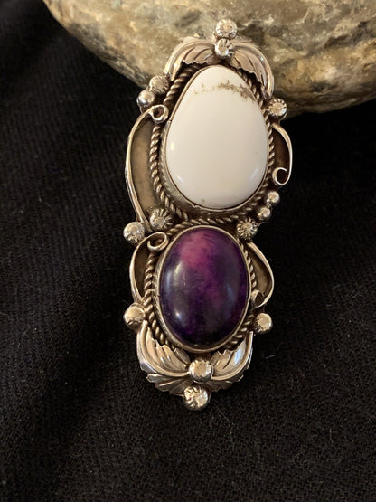 Southwestern Sterling Silver White Buffalo Purple Stone Ring Sz 8.5 00399