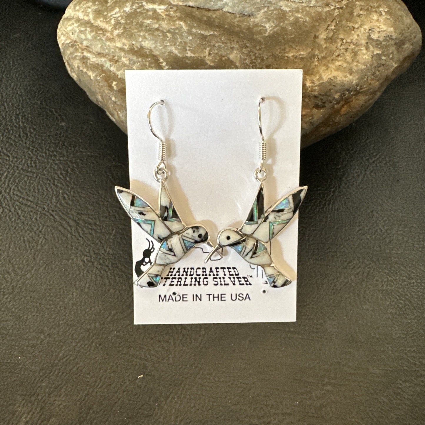 White Buffalo Turquoise Opal Onyx Sterling Silver Hummingbird Earrings 18546