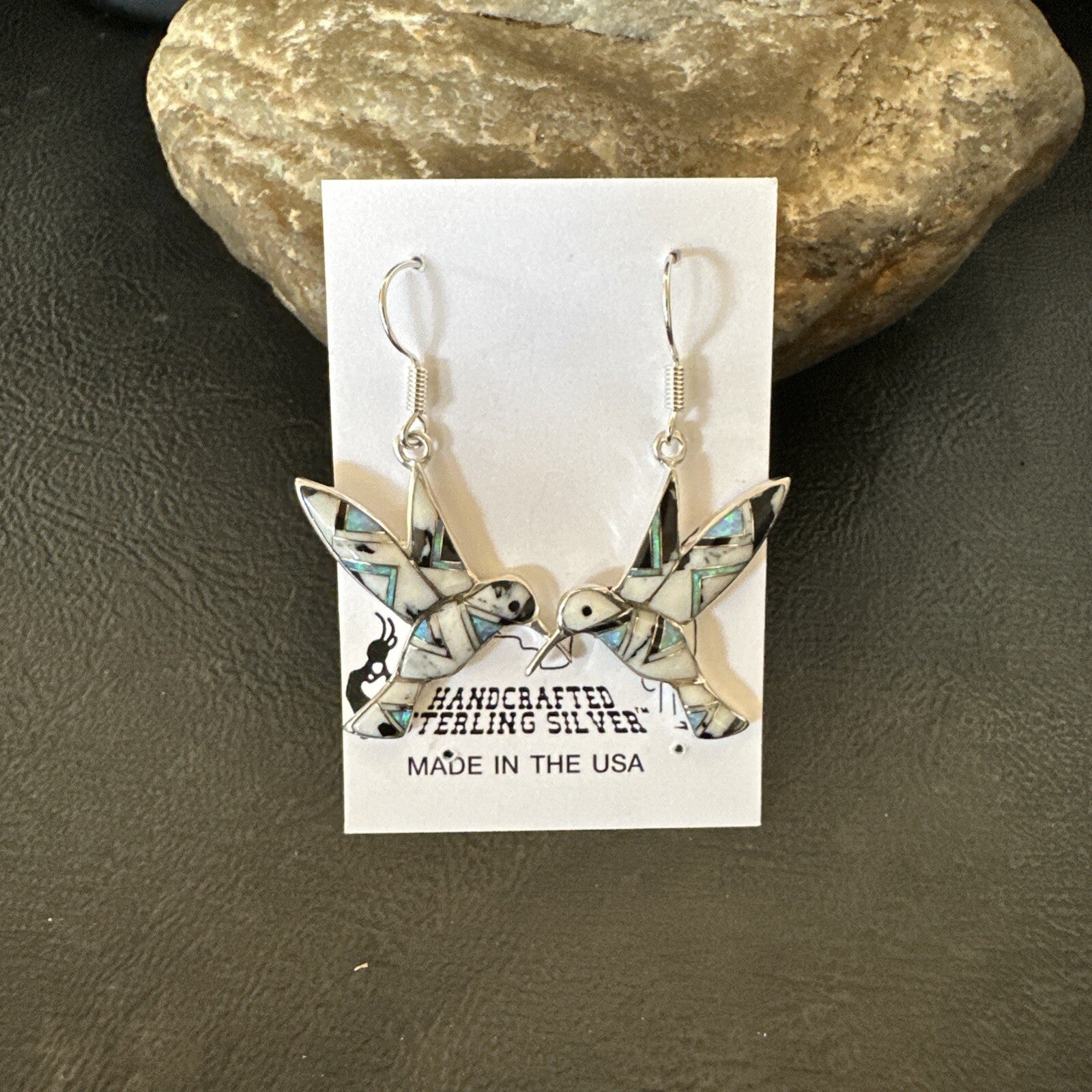 White Buffalo Turquoise Opal Onyx Sterling Silver Hummingbird Earrings 18546