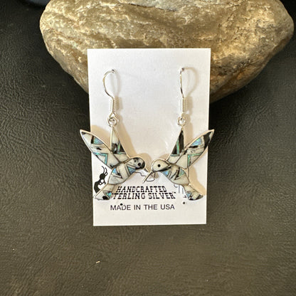 White Buffalo Turquoise Opal Onyx Sterling Silver Hummingbird Earrings 18546