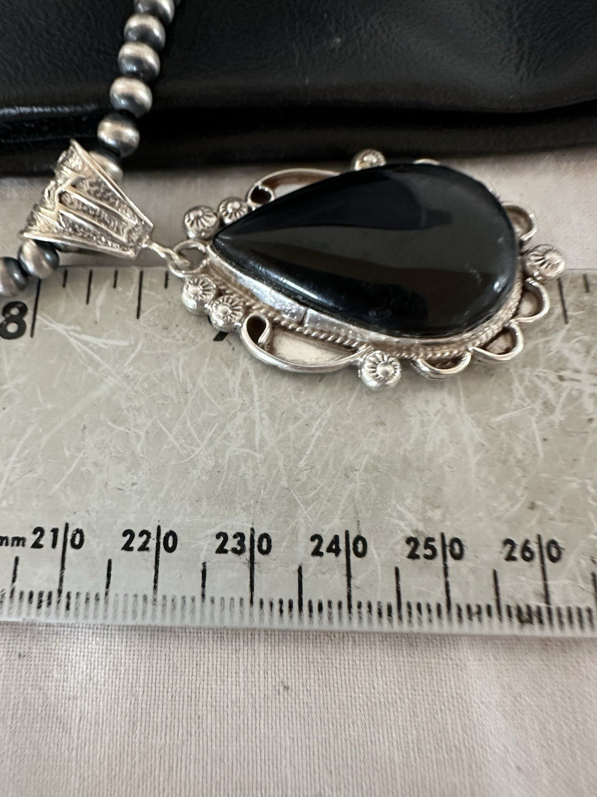 Black Onyx Pendant Navajo Pearls Sterling Silver Necklace 19384