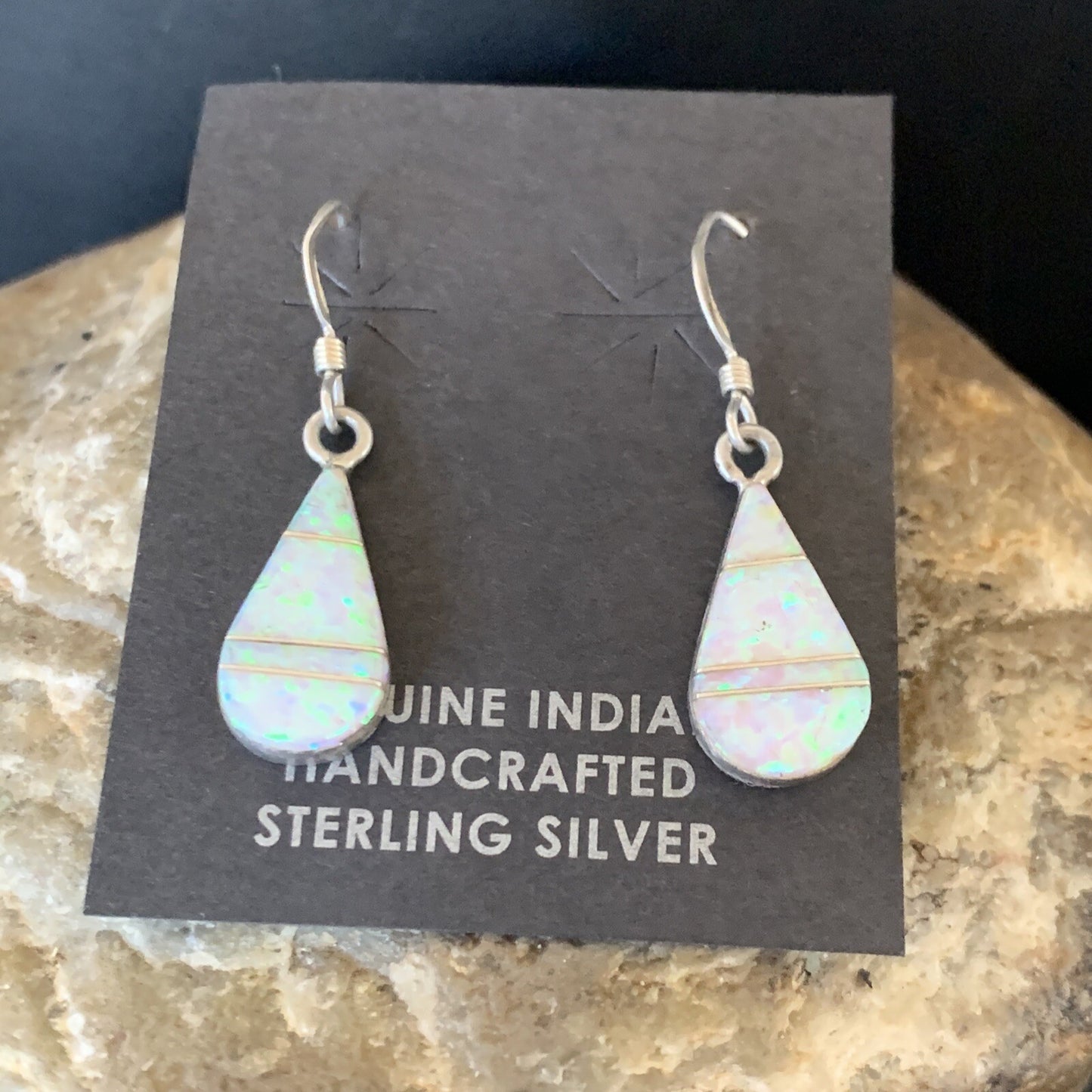 Womens White Opal Inlay Navajo Sterling Silver Dangle Post Earrings 0.5" 12770