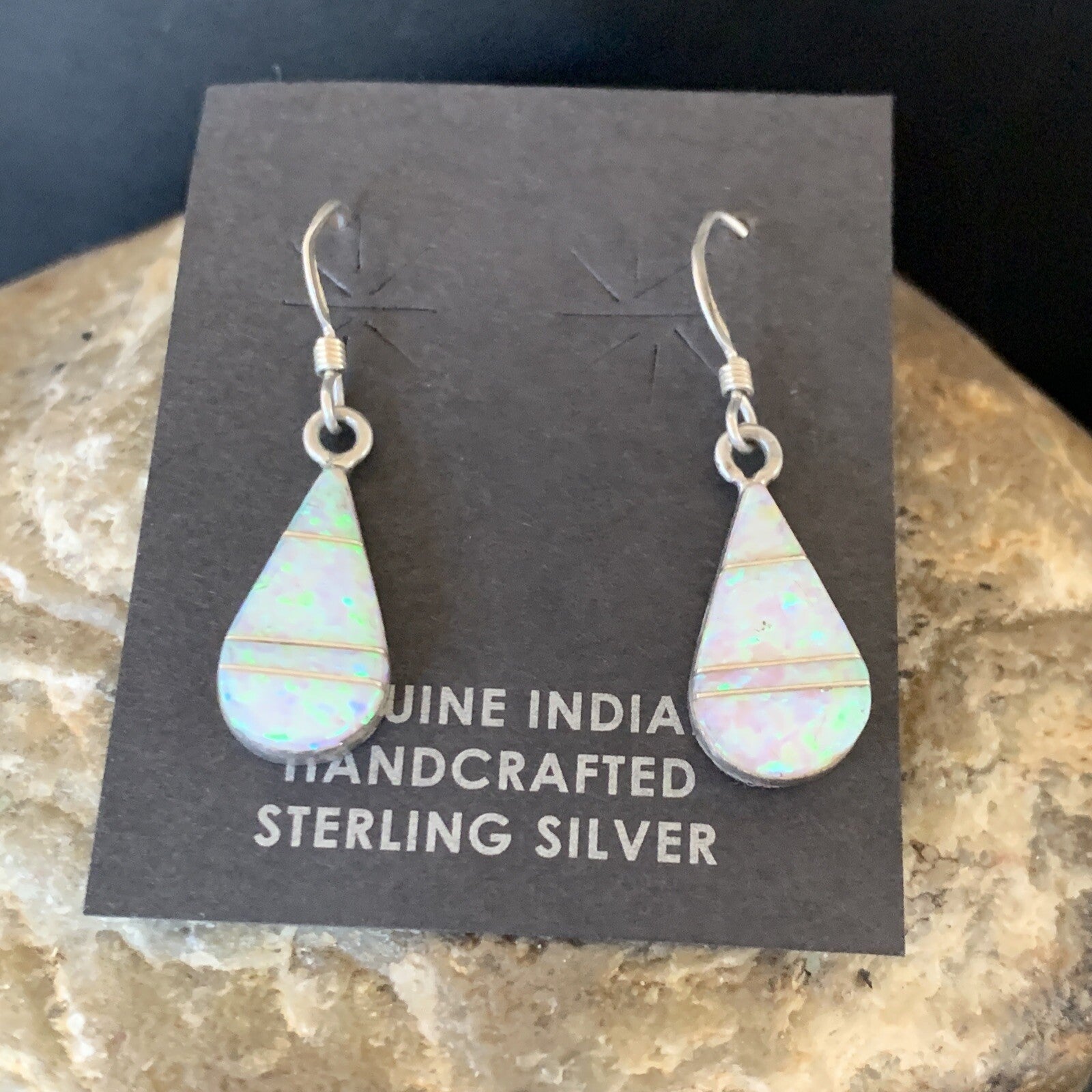 Womens White Opal Inlay Navajo Sterling Silver Dangle Post Earrings 0.5" 12770