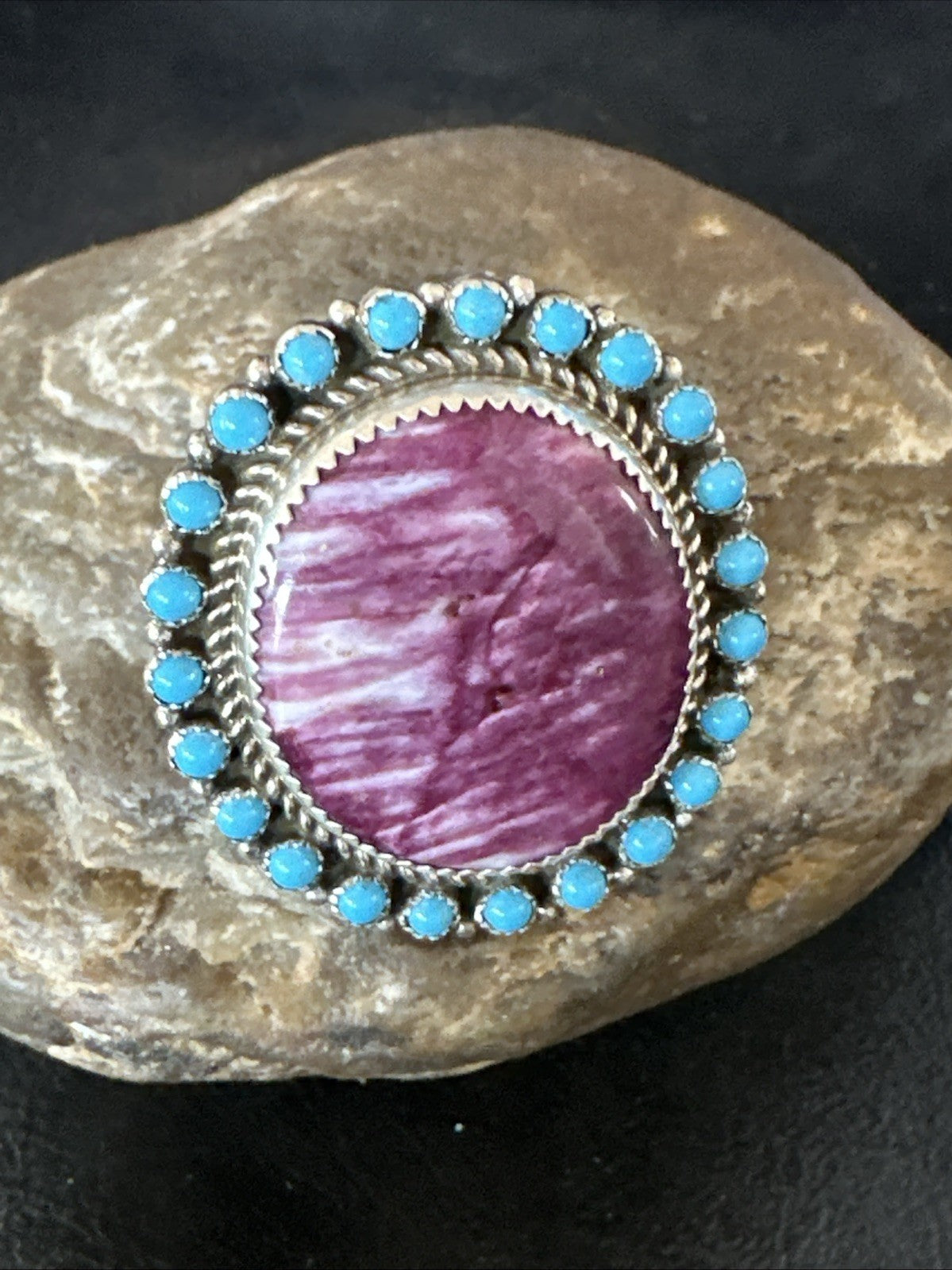 Cluster Kingman Turquoise Purple Spiny Navajo Sterling Silver Ring Sz 10 19104
