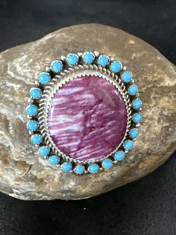 Cluster Kingman Turquoise Purple Spiny Navajo Ring Sz 10 | Sterling Silver | Authentic Native American Handmade | 19104