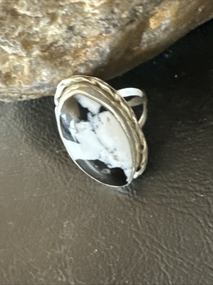 Black White Buffalo Turquoise Navajo Sterling Silver Ring Size 7 19806