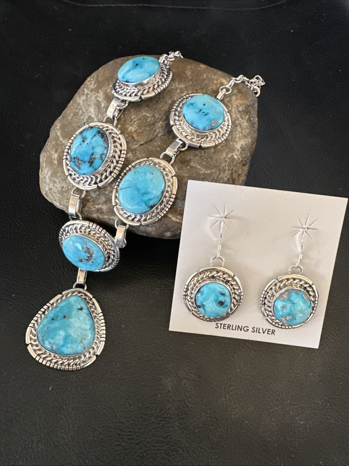 New Women Blue Kingman Turquoise Necklace Earrings Sterling Silver 19” 18620