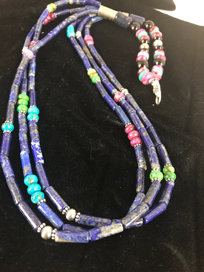 Denim Lapis Multi Strands Navajo Sterling Silver Necklace 22" 03342