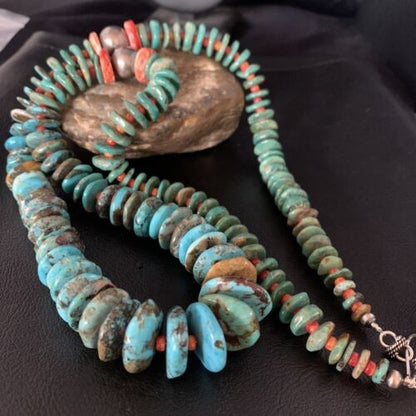 Navajo Graduated Blue Green Turquoise Spiny Necklace Sterling 33" 13569