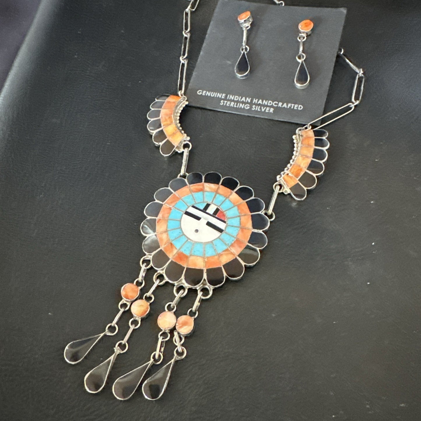 Sunface Spiny Onyx Turquoise Zuni Sterling Silver Necklace 19" Earrings 19114