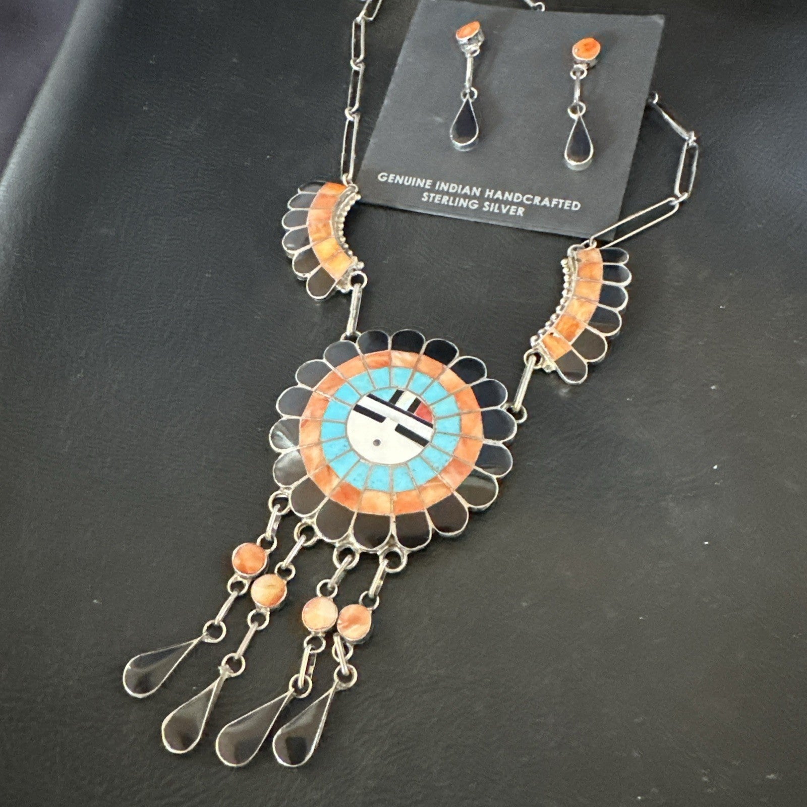 Sunface Spiny Onyx Turquoise Zuni Sterling Silver Necklace 19" Earrings 19114