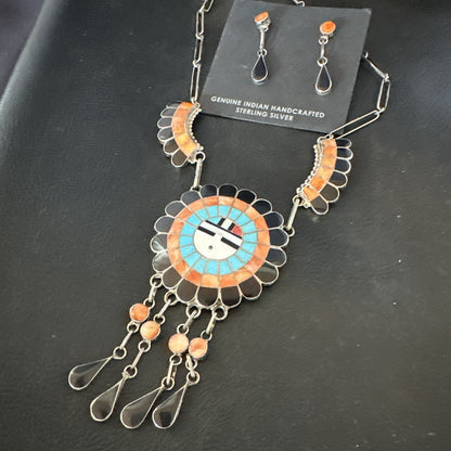 Sunface Spiny Onyx Turquoise Zuni Sterling Silver Necklace 19" Earrings 19114