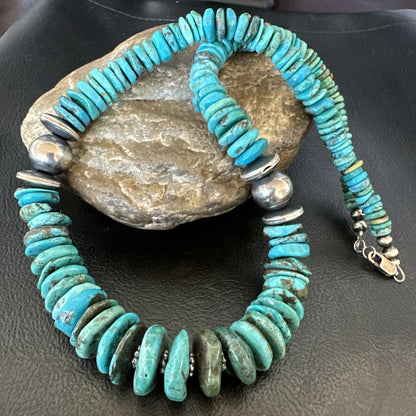 Graduated Blue Turquoise Navajo Pearls Sterling Silver Necklace 18” 18319