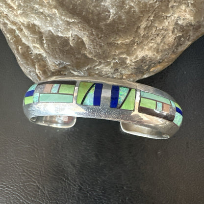 Womens Green Turquoise Lapis Navajo Sterling Silver Inlay Cuff Bracelet 19037