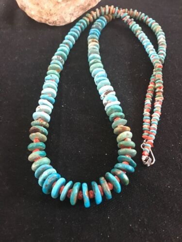 Navajo Blue Green Turquoise & Spiny Oyster Necklace Graduated 35" 8117