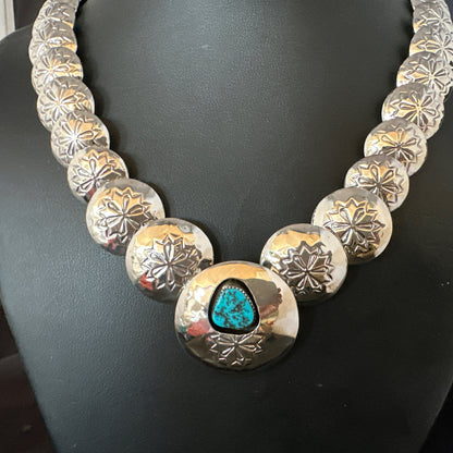 Turquoise Pillow Navajo Sterling Silver Bead Necklace 15082