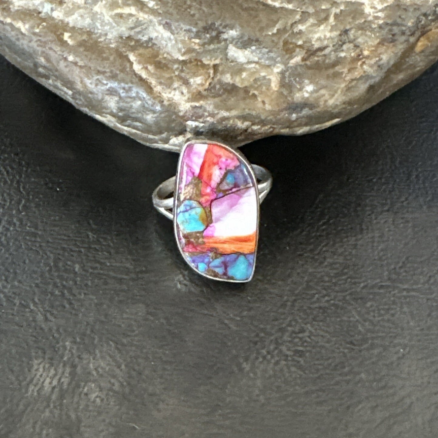 Blue Turquoise Spiny Oyster Navajo Sterling Silver Ring Size 8 18249