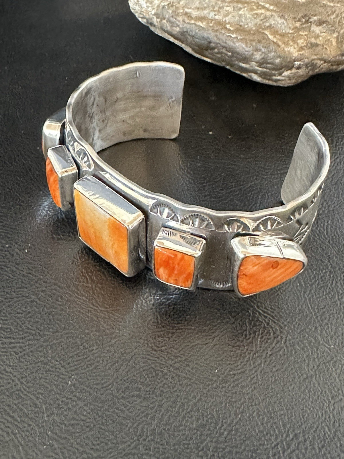 Orange Spiny Oyster 5 Stone Row Sterling Silver Navajo Cuff Bracelet 7.7" 19477