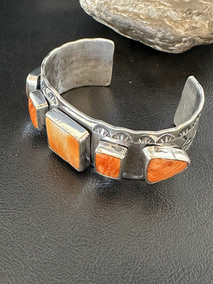 Orange Spiny Oyster 5 Stone Row Sterling Silver Navajo Cuff Bracelet 7.7" 19477