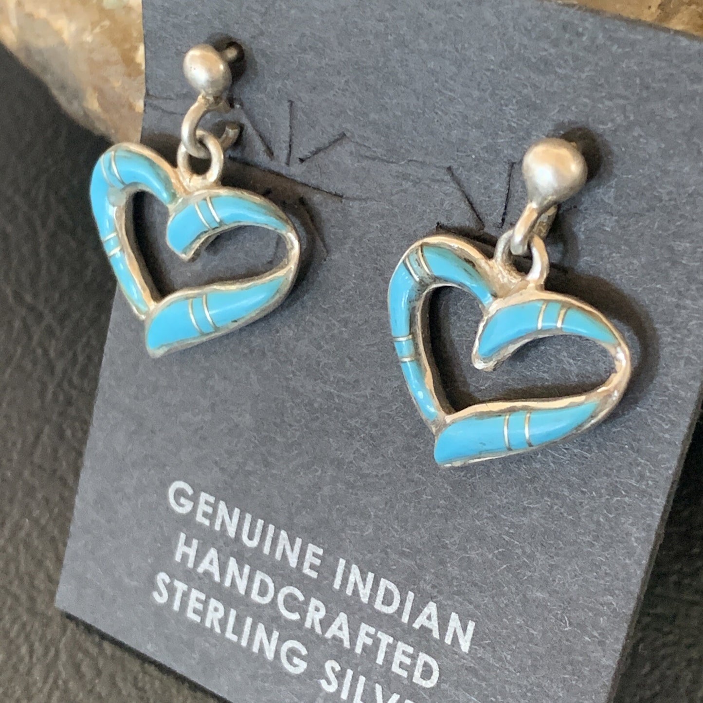 Navajo Blue Turquoise Heart Sterling Silver Dangle Post Earrings 0.5" 12716