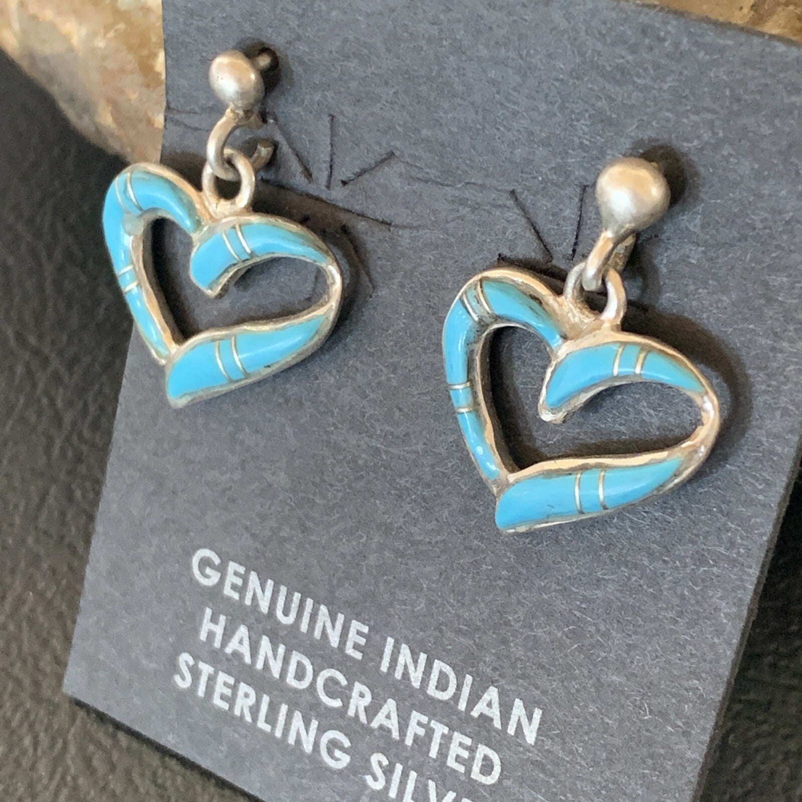Navajo Blue Turquoise Heart Sterling Silver Dangle Post Earrings 0.5" 12716