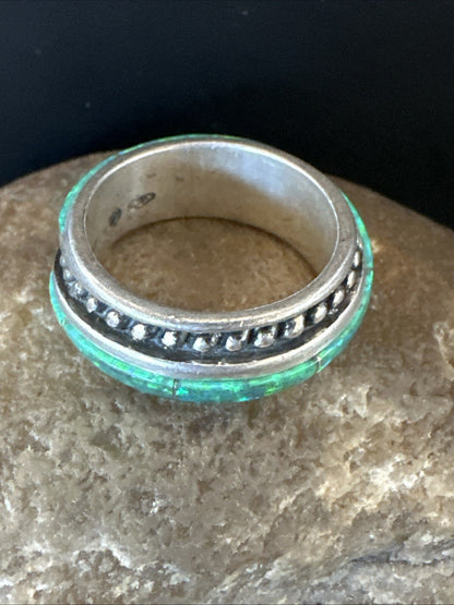 Green Opal Navajo Sterling Silver Band Inlay Ring Size 7 18809