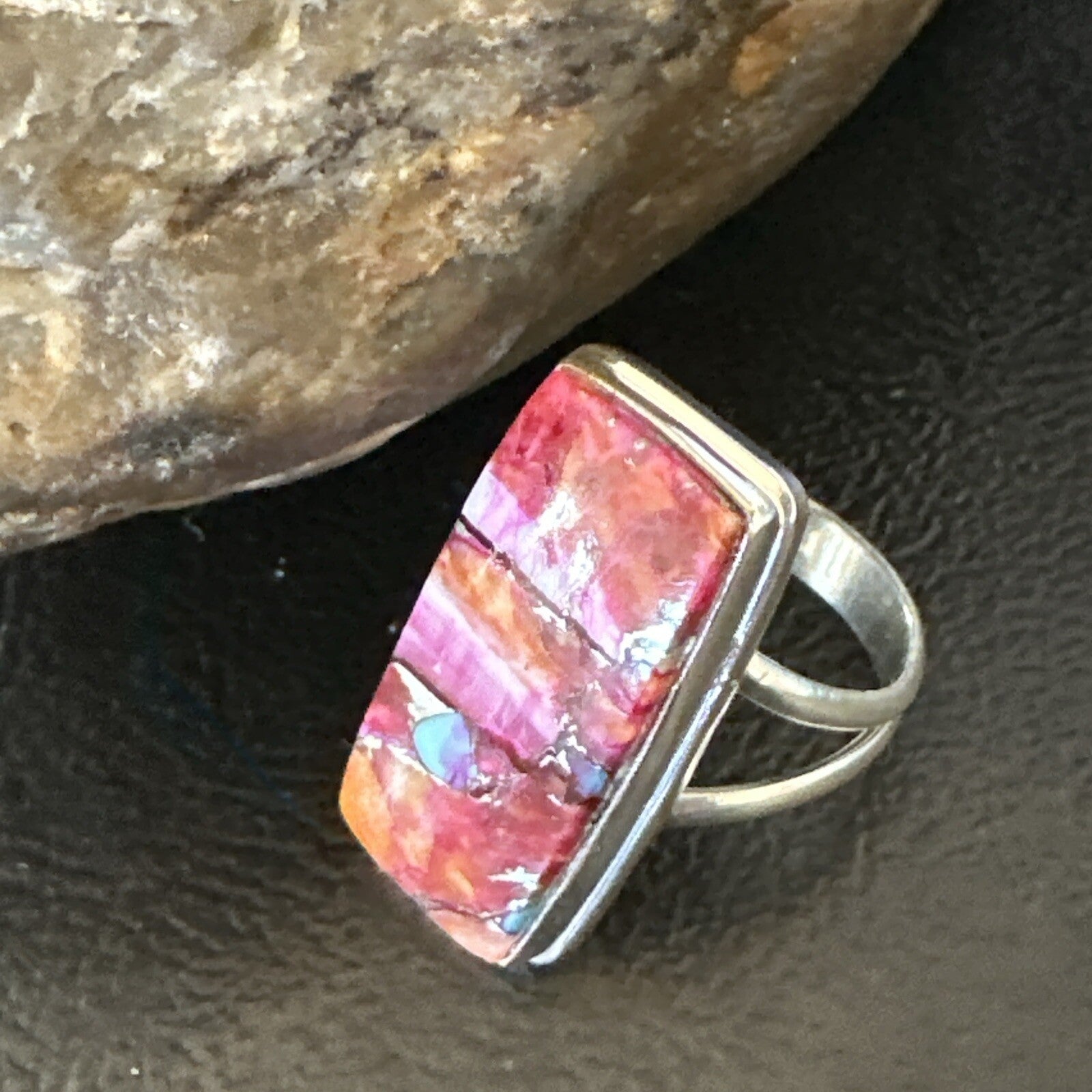 Blue Turquoise Spiny Oyster Southwestern Sterling Silver Ring Size 7 18488