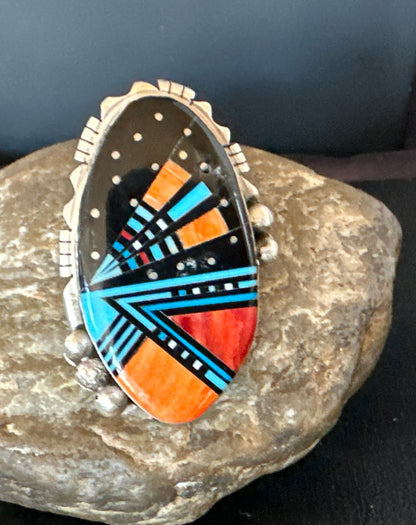 Onyx Turquoise Spiny Navajo Cosmic Inlay Sterling Silver Ring Size 10 19783