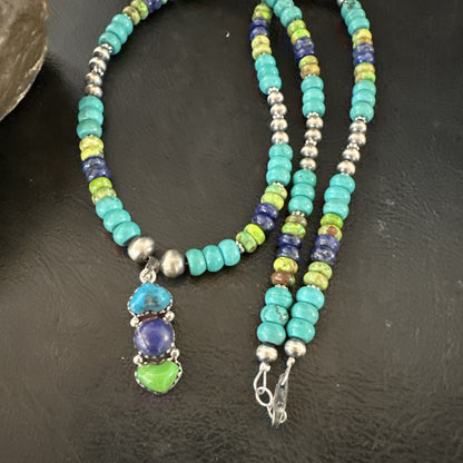 Blue Lapis Green Turquoise Cluster Pendant Navajo Sterling Silver Necklace 19659