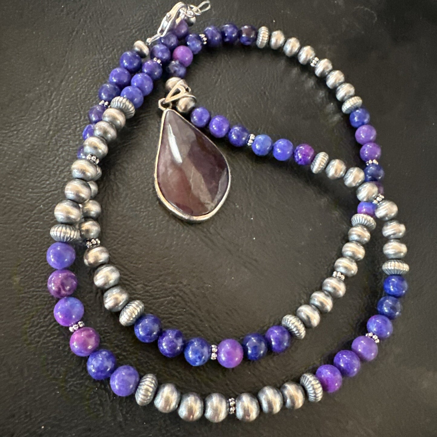 Purple Stone Pendant Navajo Pearls Sterling Silver Necklace 23" 17891