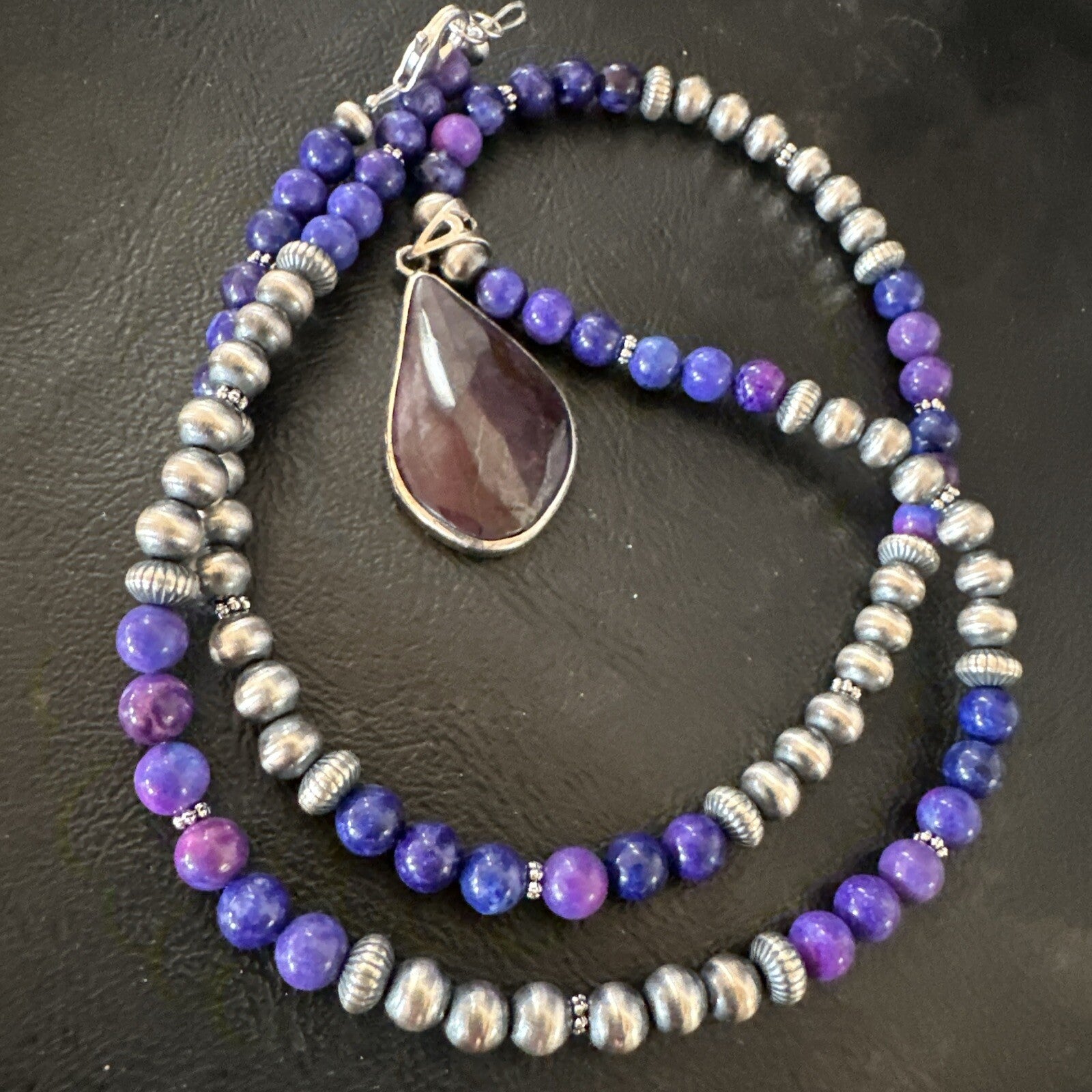 Purple Stone Pendant Navajo Pearls Sterling Silver Necklace 23" 17891
