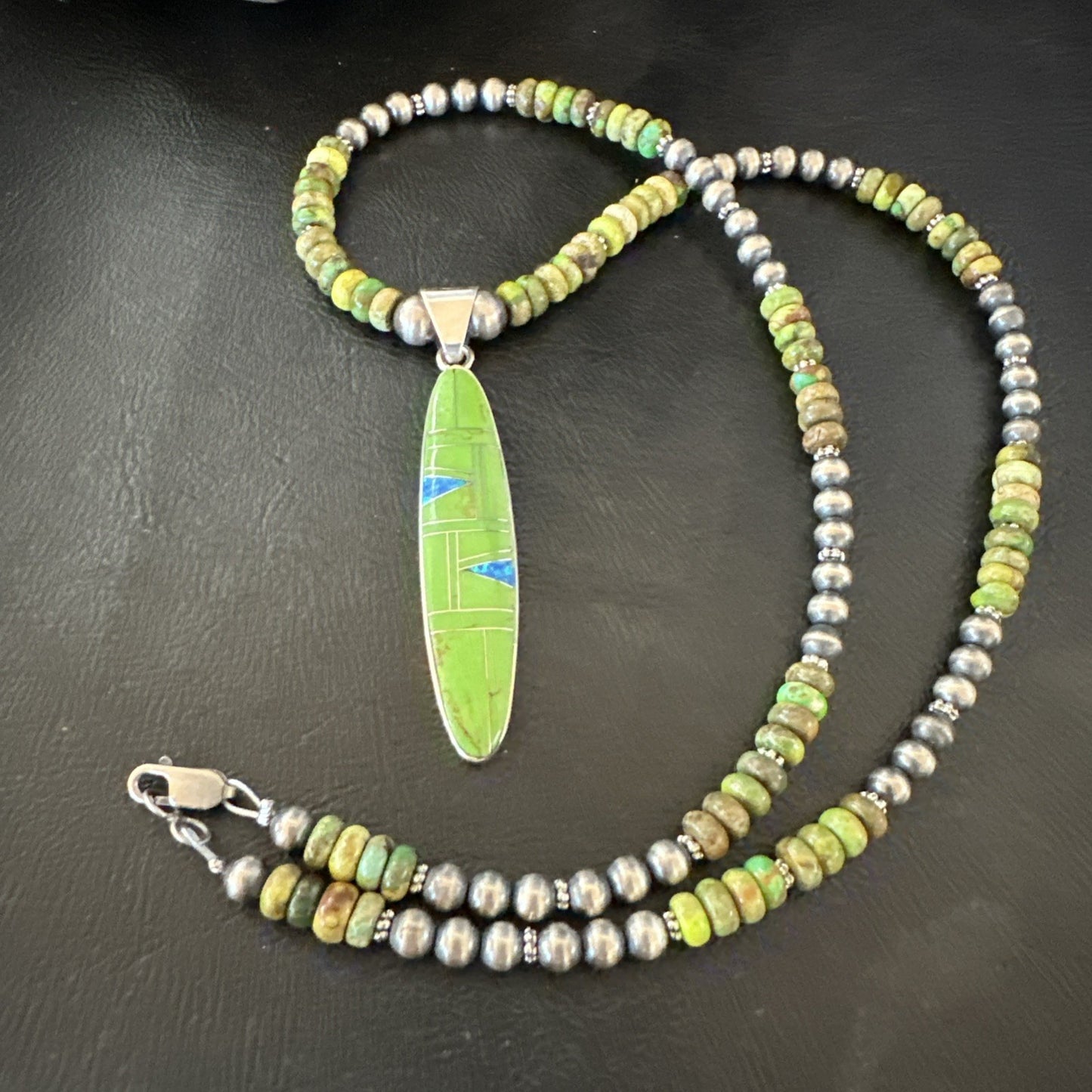 Womens Green Gaspeite Turquoise Opal Pendant Sterling Silver Necklace 19549