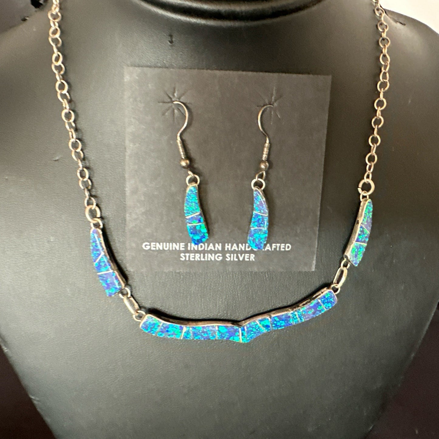 Old Pawn Blue Opal Necklace Inlay Navajo Sterling Silver 16" Earrings 19125