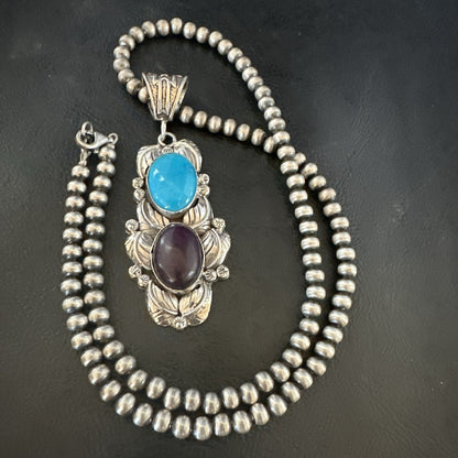 Blue Kingman Turquoise  Purple Stone Pendant Navajo Sterling Silver 18039
