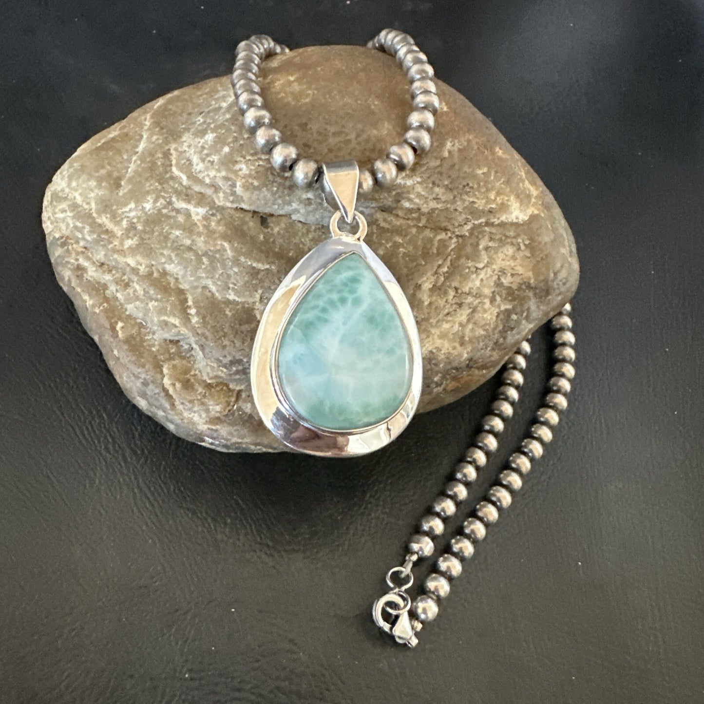 Womens Blue Larimar Pendant Navajo Sterling Silver Beads Necklace 17715