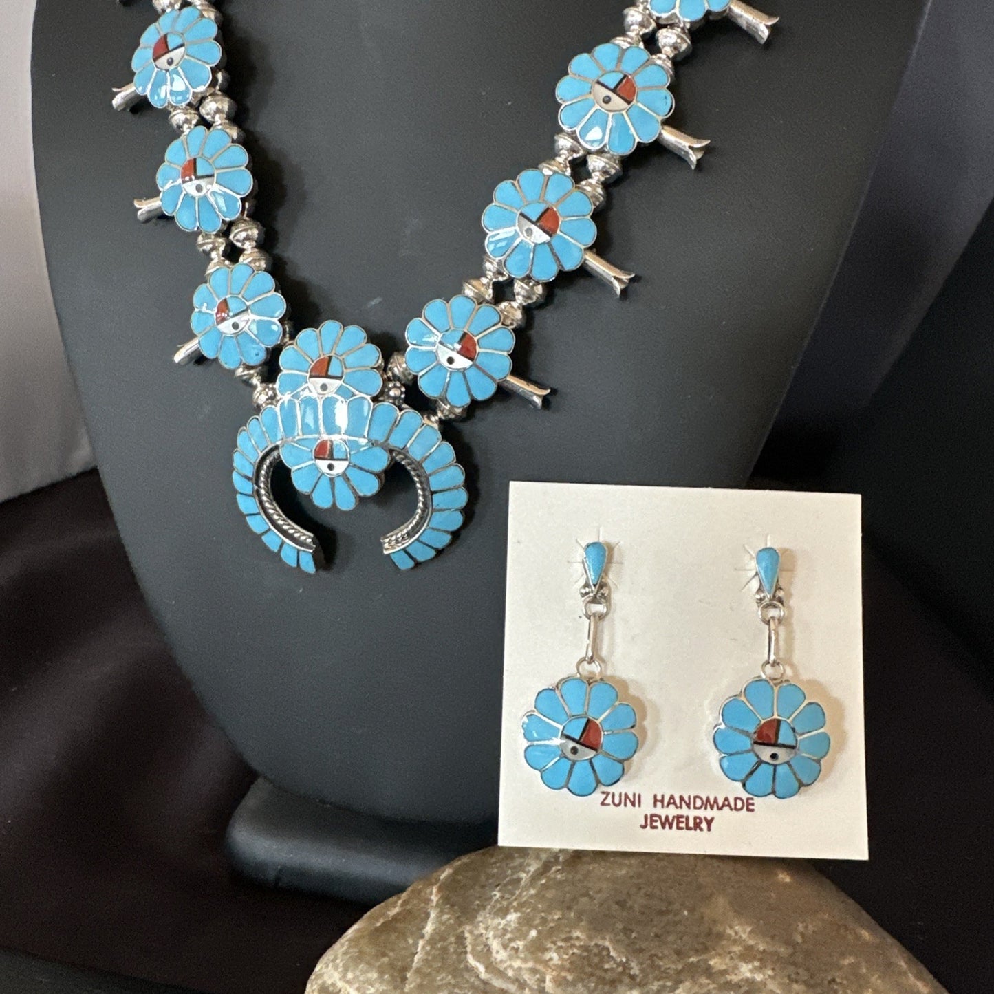 Old Pawn Sunface Turquoise Zuni Sterling Silver Squash Necklace Earrings 19289