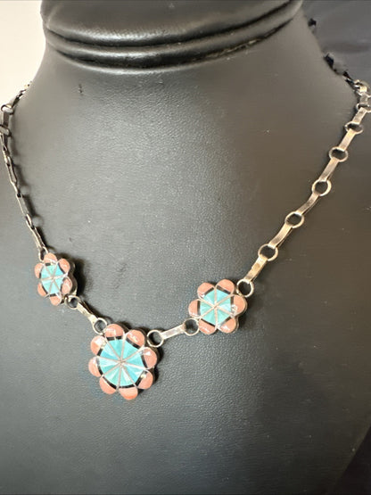 Pink Coral Turquoise Pendant Zuni Sterling Silver Old Pawn Necklace 22" 19143