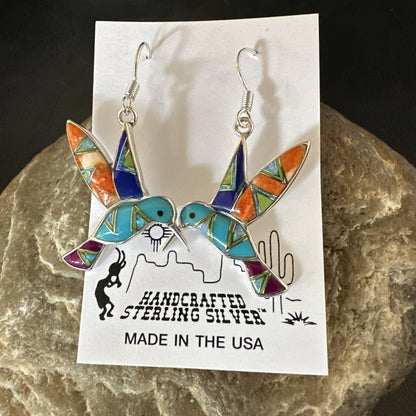 Blue Turquoise Spiny Opal Sterling Silver Hummingbird Dangle Earrings 19132