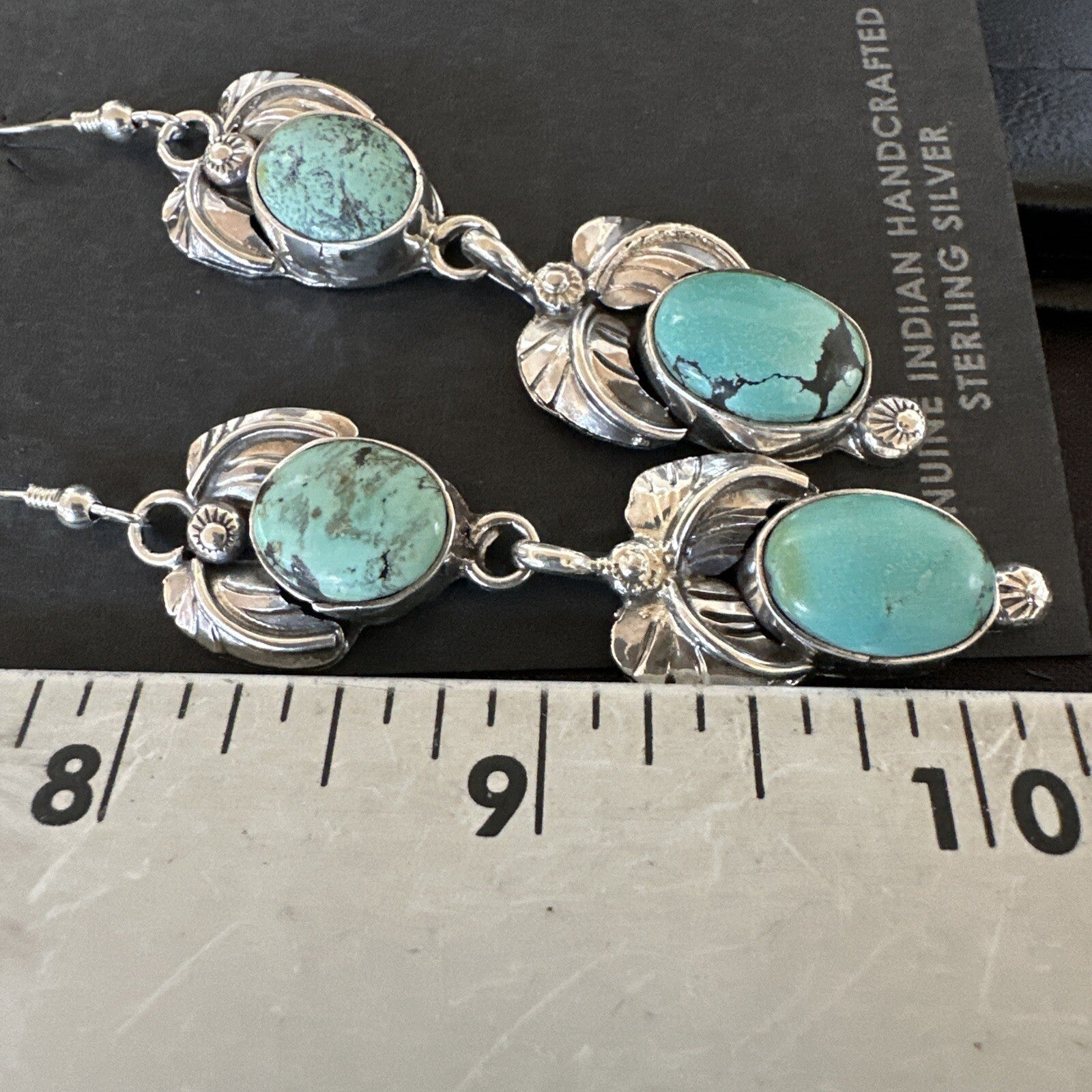 Native Navajo Green Turquoise Sterling Silver Dangle Earrings 2” 17914