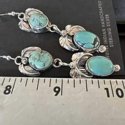 Native Navajo Green Turquoise Sterling Silver Dangle Earrings 2” 17914