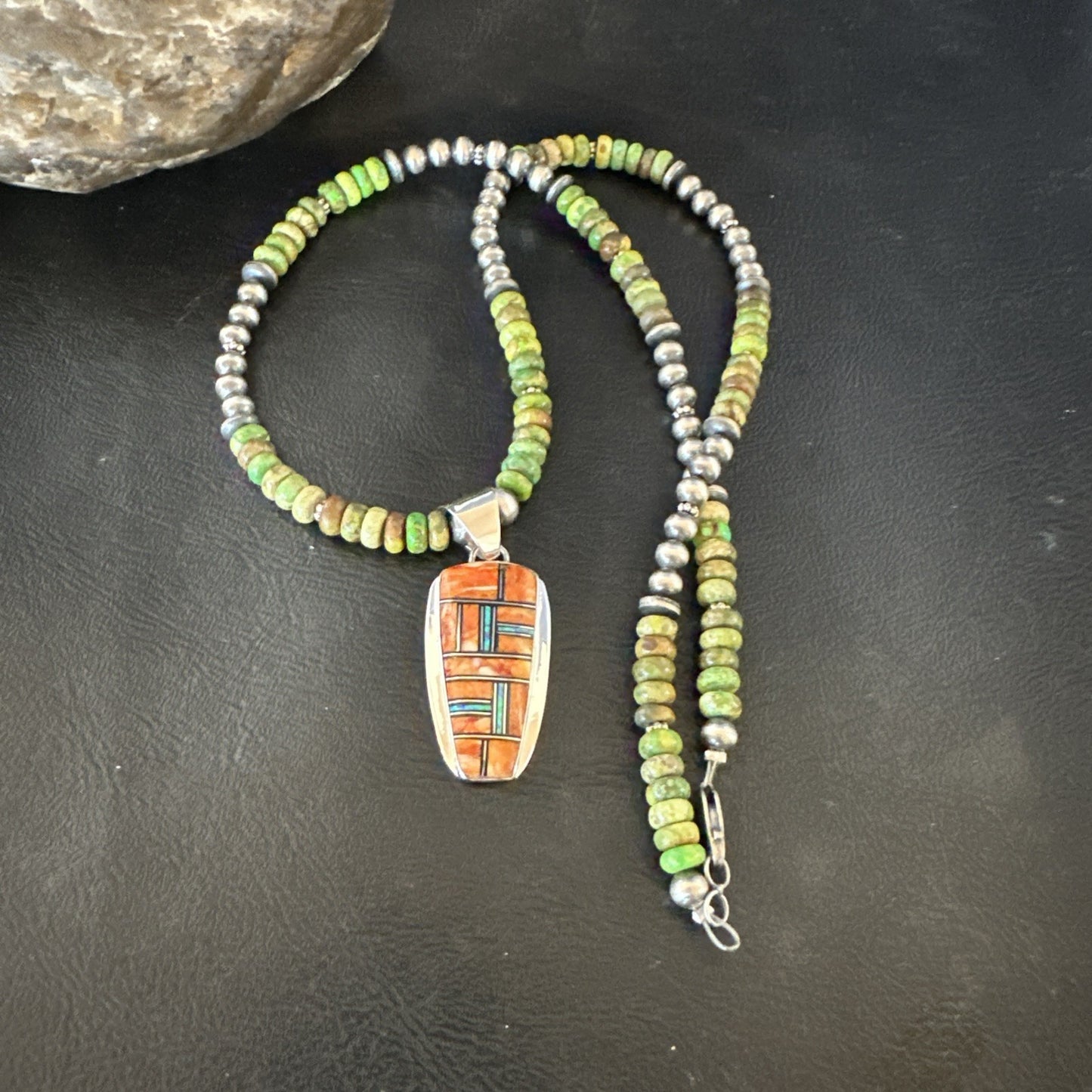Green Turquoise Orange Spiny Pendant Sterling Silver Necklace 21” 19228