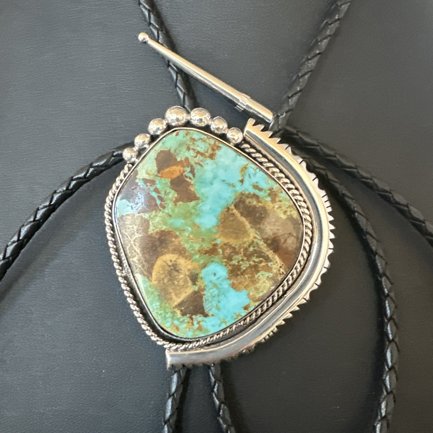Native Mens Blue Green Royston Turquoise Bolo Tie Sterling Silver Navajo 19752