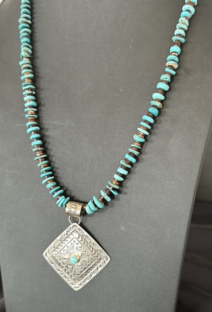 Navajo Blue Turquoise Stamped Pendant Shell Sterling Silver 25” Necklace 19709