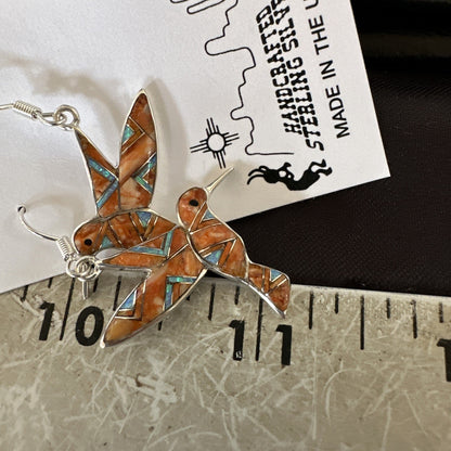 Orange Spiny Oyster Opal Sterling Silver Hummingbird Dangle Earrings 19133